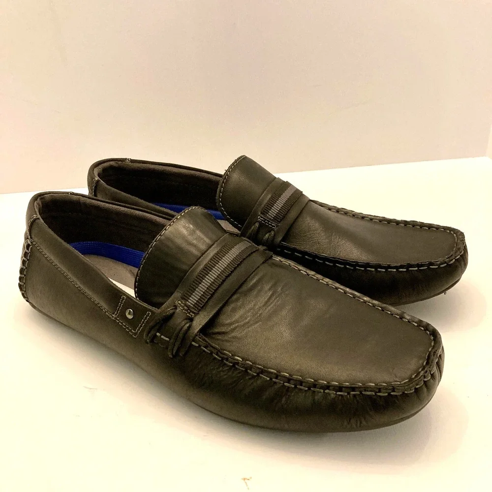 Steve Madden Gander Driving Moccasins Shoes Black Leather‎ Mens 11 EUC